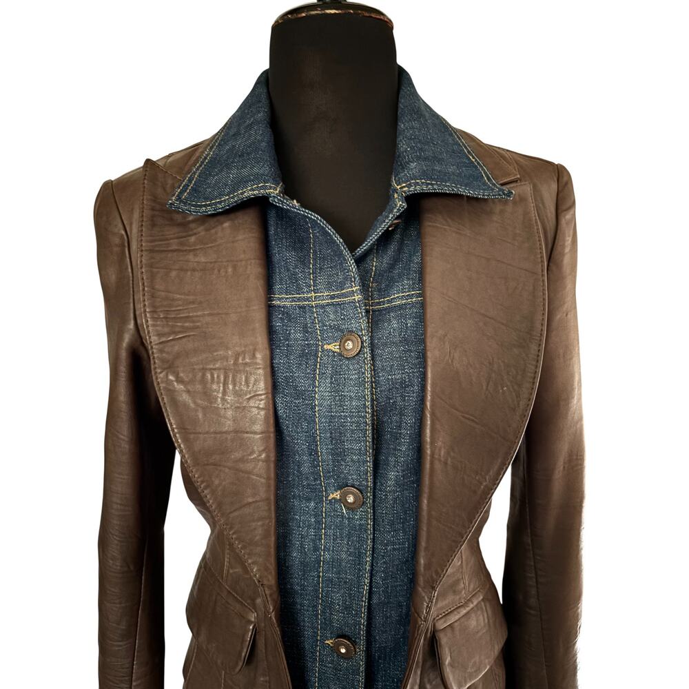 Cache Butter Brown Leather Denim Front Button Jacket 2 for 1 Lined $298 Sz 6 - Picture 3 of 8